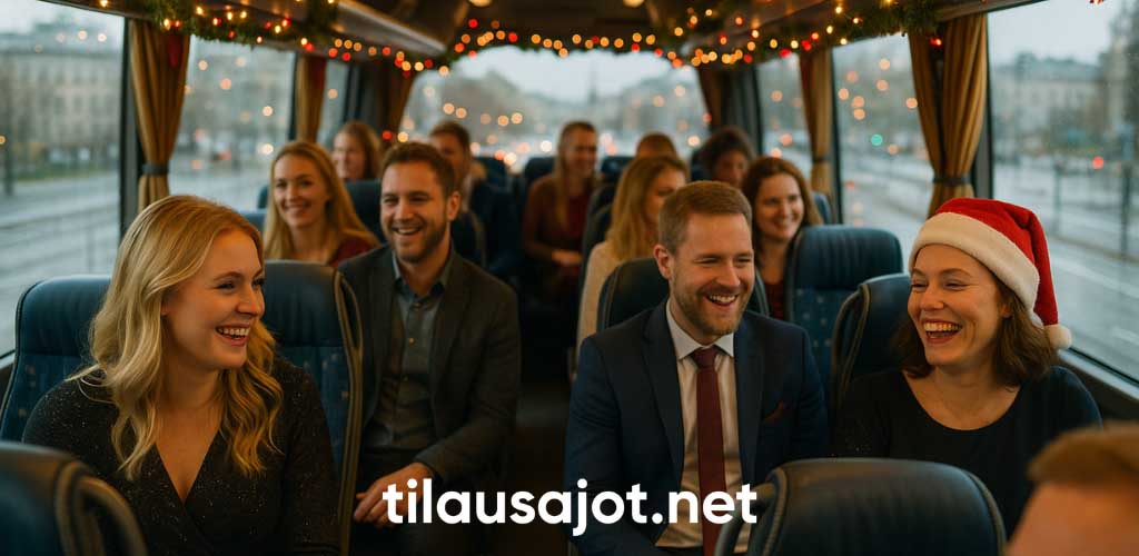 Iloiset ihmiset istuvat bussissa tonttulakit päässä pikkujoulutunnelma - Tilausajot.net