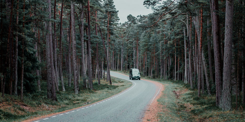 musta minibussi metsäisellä tiellä