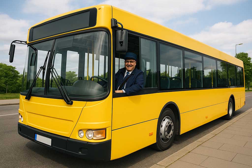Gul buss med glad chaufför